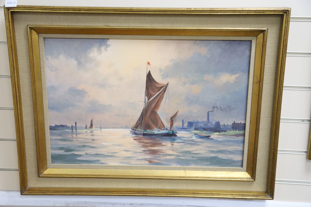 Denis Pannett (1939-), oil on canvas, Sail barge along the Thames, signed, 40 x 60cm